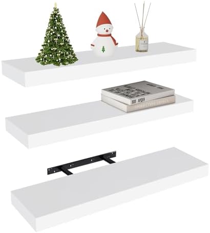 Vervida® White Rustic Floating Wall Shelves 24in Set of 3 Hidden