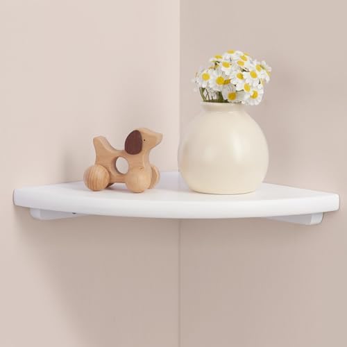 Gieanoo White Corner Wall Shelf 9inch Solid Oak Wood Floating Corner Shelf with Wire Hole Corner Wall Storage Display Sh