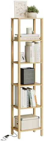 Open Book Shelf with LED Lights, 6 Tier Tall Bookshelf, Freestanding Shelf Narrow Bookcase with Open Shelves, 14.57" x 1
