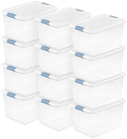 Sterilite 12 Pack Latching Box, Under Bed Storage Bins with Lids, Clear Plastic, 64 Quart - Heavy-Duty Organizing Contai
