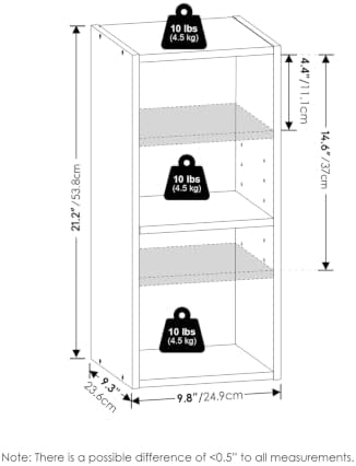 Furinno Fulda Book Shelf, 2-Tier Narrow Storage Cabinet, Bookcase with 10-in Width Storage Shelf, 9.3 x 9.8 x 21.2, for 