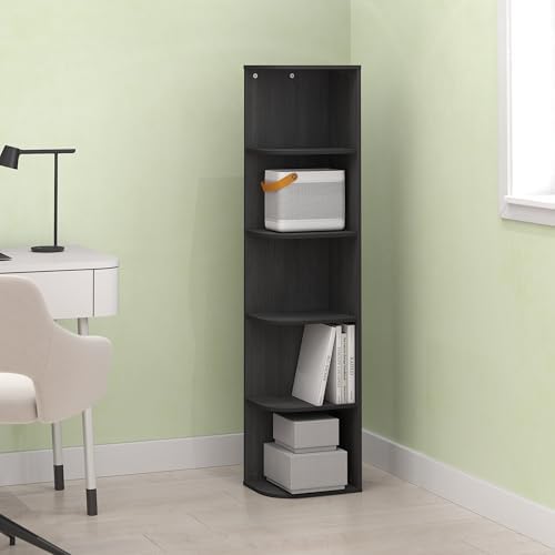 Frei 5-Tier Corner Bookcase, Bookshelf, for Home Office, Living Room, Bedroom, Black Oak