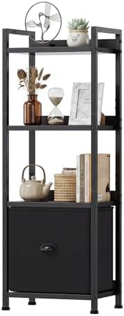 DUMOS 4 Tier Bookshelf with Fabric Drawer, Display Standing Shelf, Black