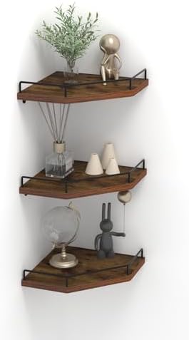 Trwcrt Corner Shelf Wall Mounted Set of 3, Floating Wall Shelves Rustic Wooden Storage Shelves for Bedroom, Bathroom, Li