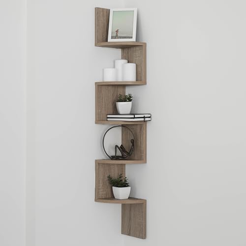 Danya B. XF11035OK Large Rustic Decorative 5-Tier Corner Floating Wall Mount Display Shelving Unit - Oak