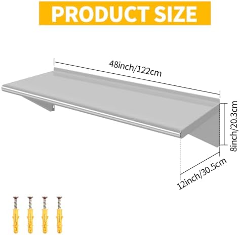 12" D x 48" W Stainless Steel Wall Mounted Shelves, Floating Shelving with Brackets, Commercial Shelf Perfect for Restau