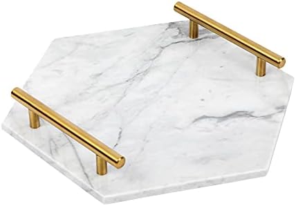 White Marble Hexagon Tray with Gold Handles for Vanity & Bathroom