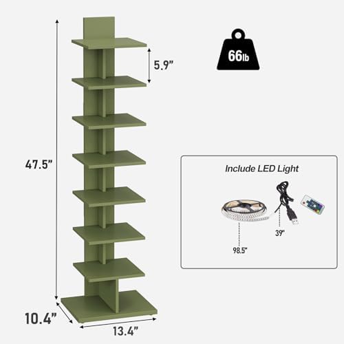 TUTOTAK Book Shelf, Narrow Spine Bookshelf, 8-Tier Bookcase with LED Lights
