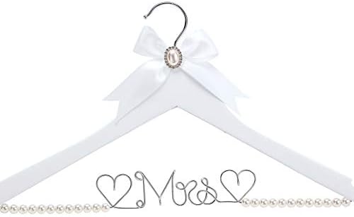 White Solid Wood Bridal Dress Hanger with Lady Wire Lettering for Bridal Wedding Party Gift (Pearl Silver Thread and Whi