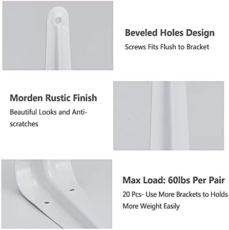 20 Pack Shelf Brackets 10 Inches White, Heavy Duty Steel Metal L Brackets for Shelves, J Brackets Wall Angel Corner Brac