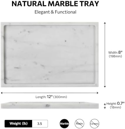 Carrara White Marble Tray, 12 Inch Marble Vanity Tray for Bathroom Countertop Dresser, Decor for Trinket Perfume Jewelry
