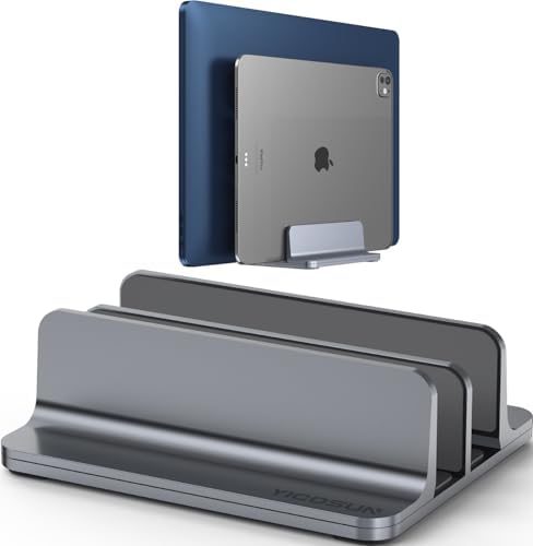YICOSUN Dual-Slot Aluminum Vertical Laptop Stand for Desk - Adjustable Width Dock for MacBook, Surface, Samsung, HP, Del