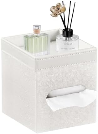 Tissue Box Cover Square, PU Leather Tissue Cube Box Holder with Storage Valet Tray, Decorative Tissue Holders, Modern Ti