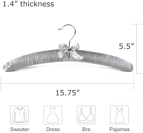 Grey Satin Padded Sweater Hangers 5 Pack, Blouse Hanger with Thick & Soft Foam for Bridal Wedding Dress Lingerie, Smooth