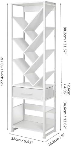 Bookshelf with Drawer,10 Tier Tree Bookcase Retro Floor Standing Bookshelves,Tall Wood Bookcases with Cabinet Storage Or