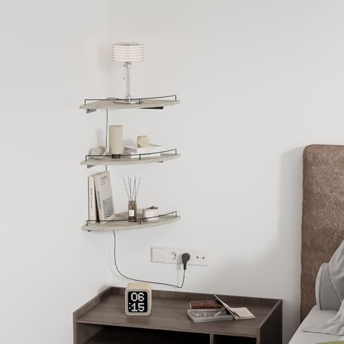 JJL Corner Shelf Wall Mounted, 12 Inches 3-Tier Floating Corner Shelf, Fan-Shaped Rustic Wood Decor with Fence, Gray Woo