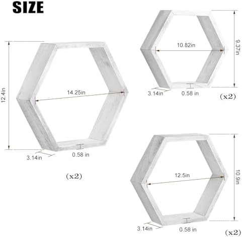 Hexagon Floating Shelves Set of 6, Wall Mounted Wood, Grey