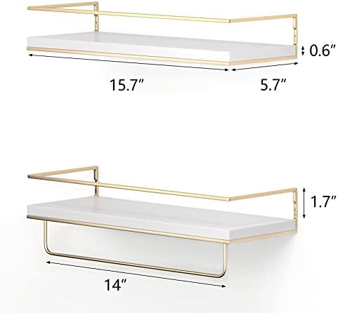 Shario White Floating Shelves - Set of 2, Wall Mounted Hanging Shelves with Golden Towel Rack, Decorative Storage Shelve