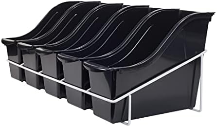 Storex Small Book Bins, Set of 5 Bins, Metal Shelf Rack Included, Black (71152U01C)