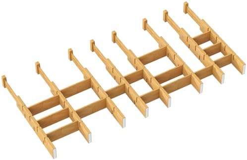 kiplant Bamboo Drawer Dividers - Adjustable Drawer Dividers for Kitchen, Clothes, Closet & Office - 8 Pack with Inserts, 13.8-18.8 Inches, Non-Slip Silicone Ends