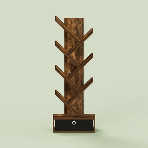 Ipoh Tree Book Shelf, 7-Tier Tree Bookcase, with Bottom Shelf & Bin Drawer, for Narrow Space, Books, CDs, Magazines, Rus