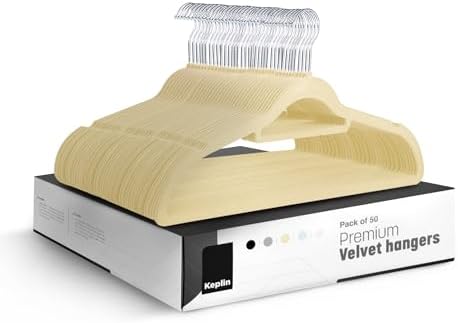 KEPLIN Cream Velvet Hangers 50 Pack - 18 inch, Thin Non Slip Hangers with Tie Bar and 360° Degree Hook for Home Storage – Sturdy & Space Saving Wardrobe Organizers for T-Shirts, Suits and Coats