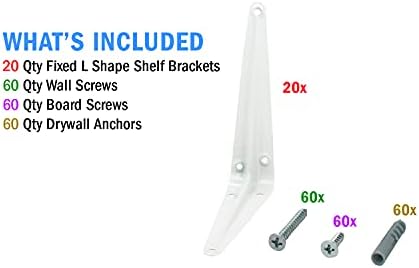 Nuk3y L Shape Heavy Duty Shelf Bracket with Screws, 20 Pack (5"" x 6"", White)