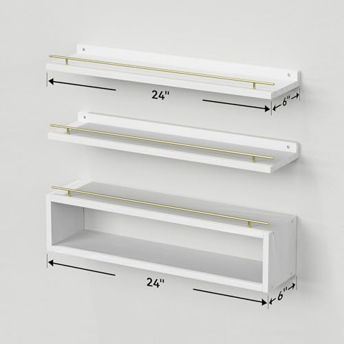 WOPITUES Floating Shelves for Wall 24 inch with Cube Shelf, Wall Shelves with Metal Rail for Decor, Bathroom Organizers 