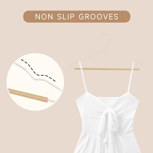 Wire Metal Hangers with Smooth Beech Wood Pants Bar, White, 24-Pack