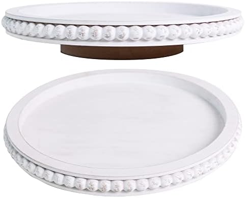 HPC Decor 12Inch Beaded Lazy Susan- Wooden Lazy Susan Organizer for Farmhouse Table Decor, Round Turntable for Table Cab