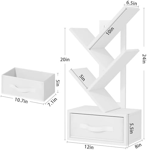 SHEEPAM 4-Tier Tree Bookshelf Small Bookcase with Drawer