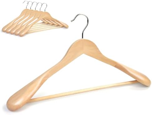 Luxury Wide Shoulder Wooden Suit Hangers with Pants Bar, Classic Solid Wood Jacket Clothes Hangers Smooth Finish for Sweater Dress Pants Sport Coats (Natural, 6 Pack)