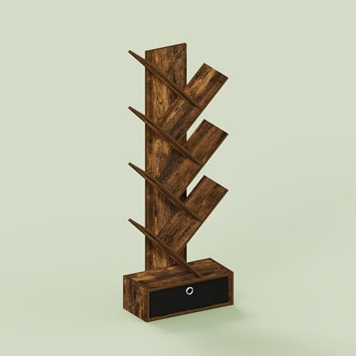 Ipoh Tree Book Shelf, 7-Tier Tree Bookcase, with Bottom Shelf & Bin Drawer, for Narrow Space, Books, CDs, Magazines, Rus
