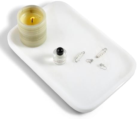 Karibiber Vanity Tray, 11.8inch Marble Bathroom Tray for Countertop, White Marble Bathroom Dresser, Stone Serving Tray f