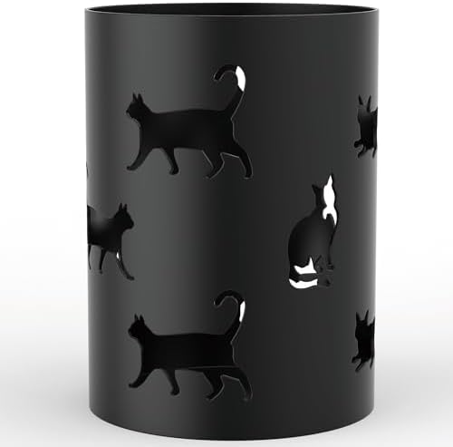 Mango Steam Metal Pen Holder, Makeup Brush Cup Organizer for Office, Bathroom, Vanity (Black, Cat)