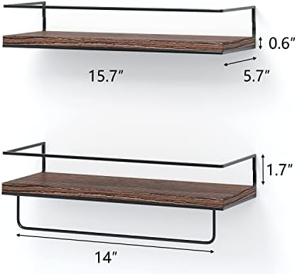 Shario Rustic Wood Floating Shelves - Set of 2, Wall Mounted Hanging Shelves with Black Towel Rack, Decorative Storage S