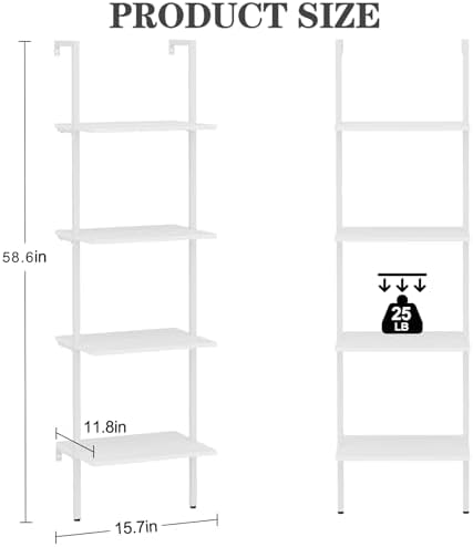 Wolawu Ladder Shelf 4 Tiers Metal Industrial Bookshelf,White Wooden Tall Open Storage Rack and Display Shelves,Wall Moun