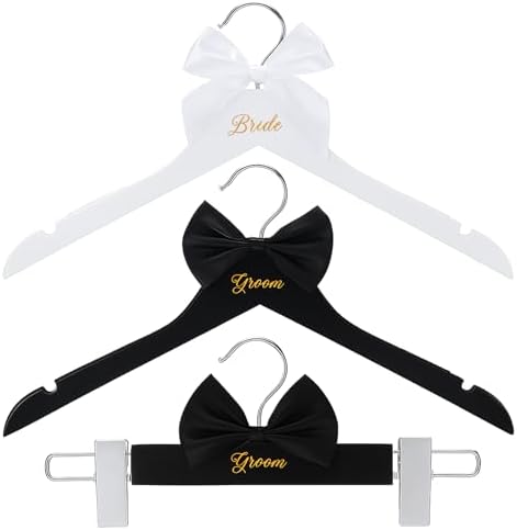 Beeveer 3 Pcs Groom and Bride Wooden Hanger with Clips, Bow,Black,White