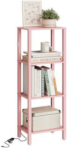 Open Book Shelf with LED Lights, 4 Tier Small Bookshelf, Freestanding Shelf Narrow Bookcase with Open Shelves, 14.96" x 