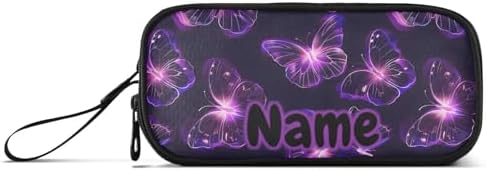 Custom Butterflies Purple Neon Pencil Case Box Boys Girls Personalized Name Large Pencil Pouch Stationery Pen Bag Organizer for Kids Adults School Office