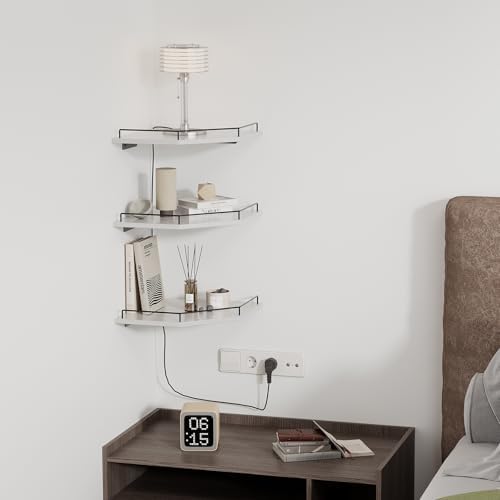 JJL Corner Shelf Wall Mounted, 12 Inches 3-Tier Floating Corner Shelf with Rails, Hexagon Rustic Wood Decor, White Wall 
