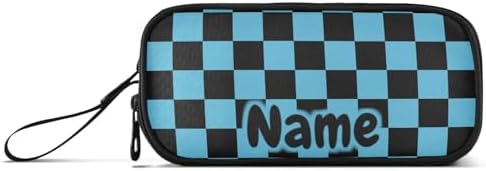 Custom Black Blue Checkered Pattern Pencil Case Box Boys Girls Personalized Name Large Pencil Pouch Stationery Pen Bag Organizer for Kids Adults School Office