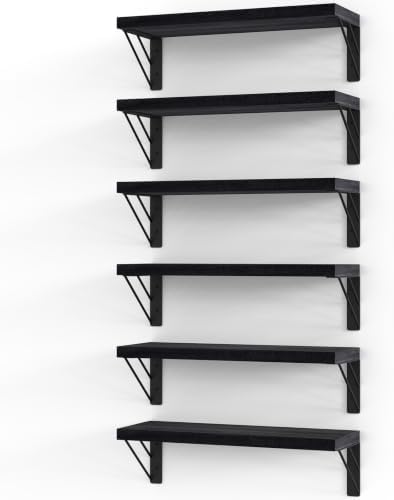BAYKA Wall Mounted Black Floating Shelves for Wall (Set of 6, 16" Uniform)