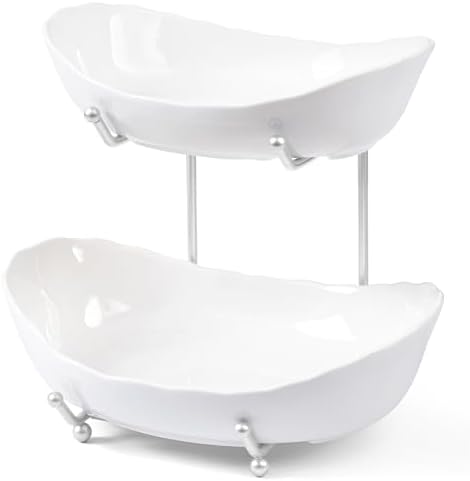 HBlife 2 Tier Fruit Bowl, Ceramic Fruit Basket for Kitchen Counter