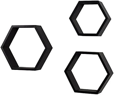 ROSE BLOOM Set of 3 Black Wood Hexagon Shelves for Wall Decor - Farmhouse Honeycomb Shelves for Living Room Decor, Kitch