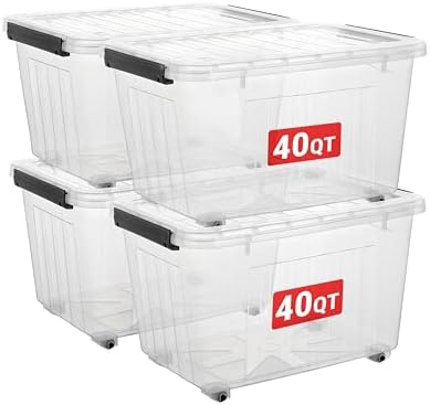 Cetomo Plastic Storage Bins, Lidded Storage Box with Wheels for Home Office Dorm, Wheeled, Stackable, Clear, 40Quart-4 P
