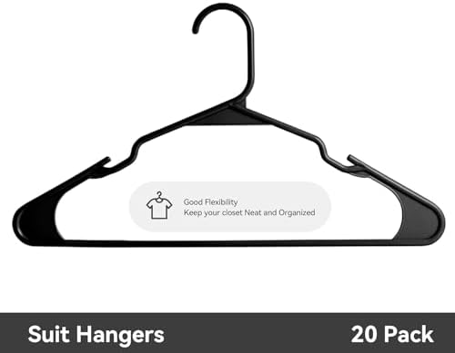 Plastic Hangers - 20 Pack, Durable Space Saving Hangers for Everyday Use and Dorm Room Essentials - Black