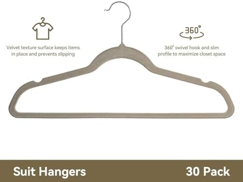 Premium Velvet Hangers 30 Pack, Non-Slip Suit Clothes Hangers, 360 Degree Swivel Hooks and Slim Profile to Maximize Closet Space Grey/Silver