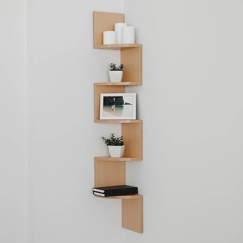 Danya B XF11035BH Large Decorative 5-Tier Corner Floating Wall Mount Display Shelving Unit - Beech Veneer
