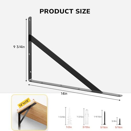 8 Pack 14 Inch Heavy Duty Shelf Bracket, Wall Shelf L Brackets for Floating Shelves, 250 LBS Max Load, Mounting Hardware